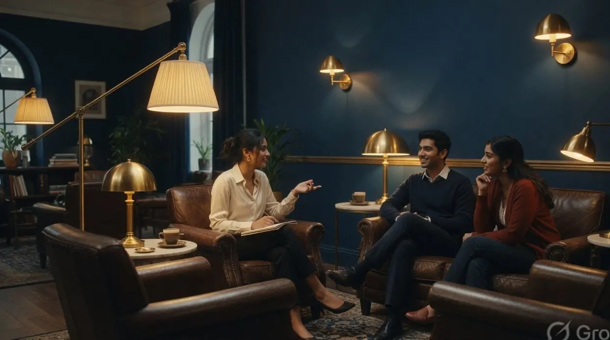 Learners talking together in a warm navy-and-gold academy lounge