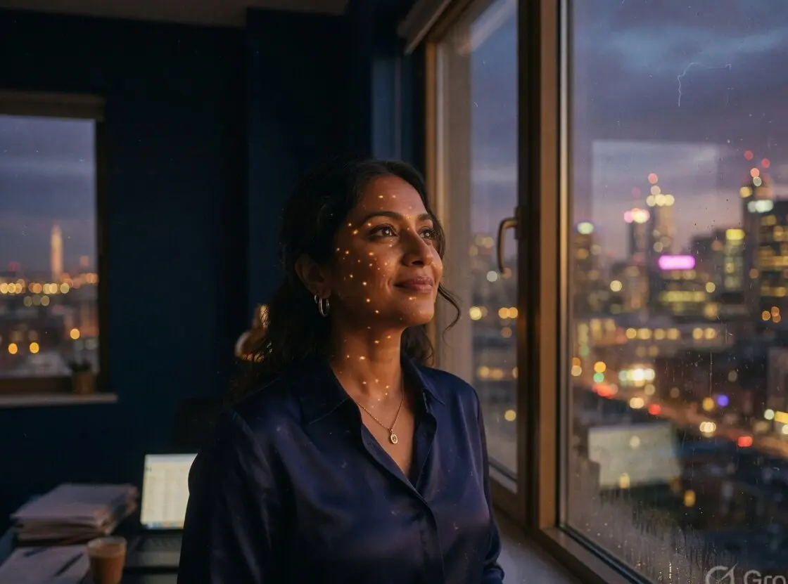 A professional looking out over the city, considering a career change
