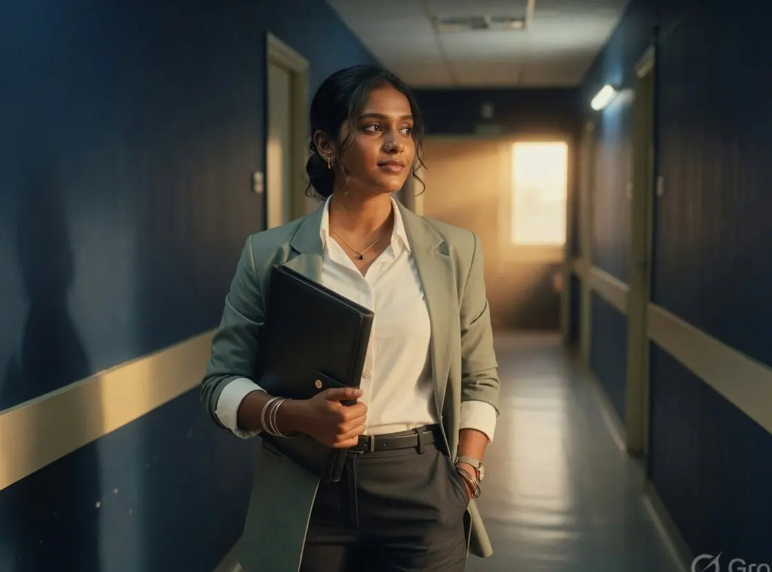 A fresh graduate walking a corridor, ready for a first professional role