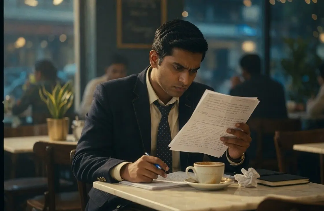 A job seeker reviewing notes in a cafe before an interview