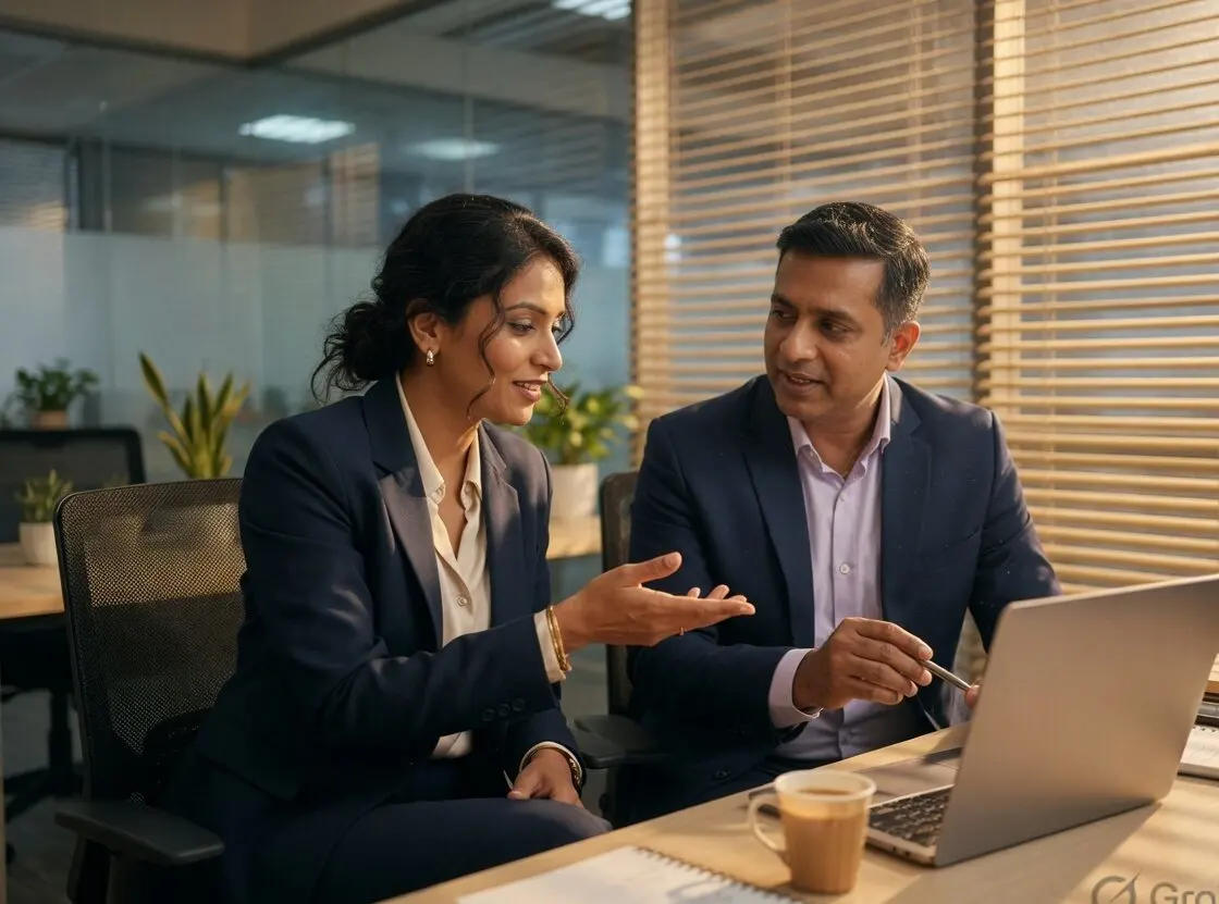 Two working professionals collaborating in a modern office