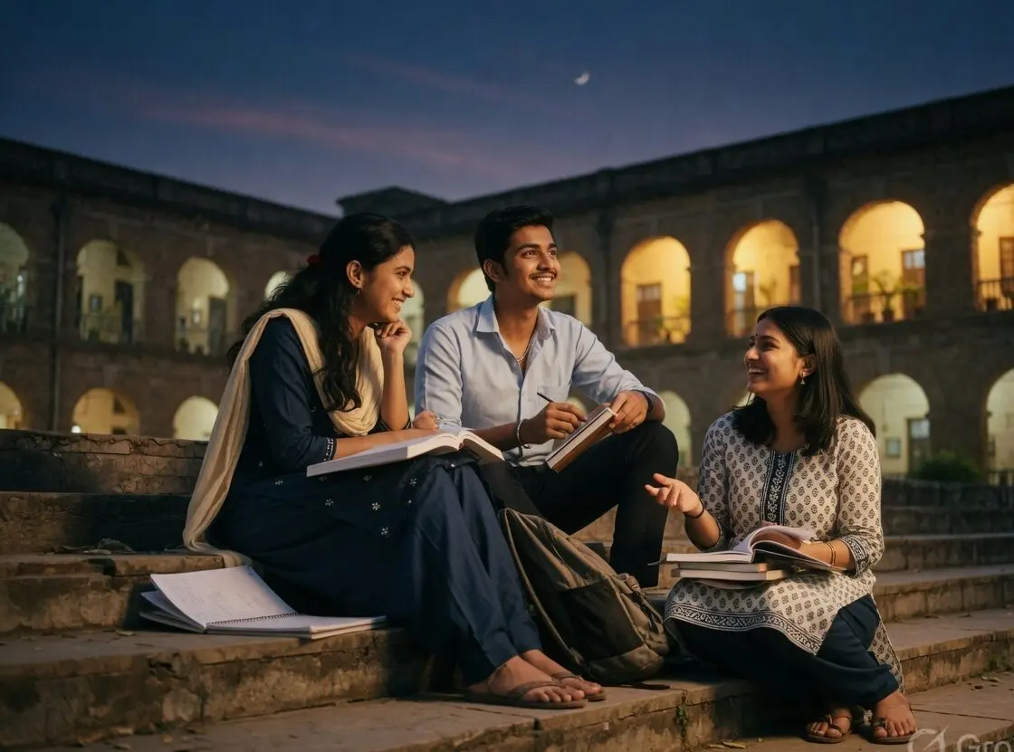 College students studying together on campus steps at dusk