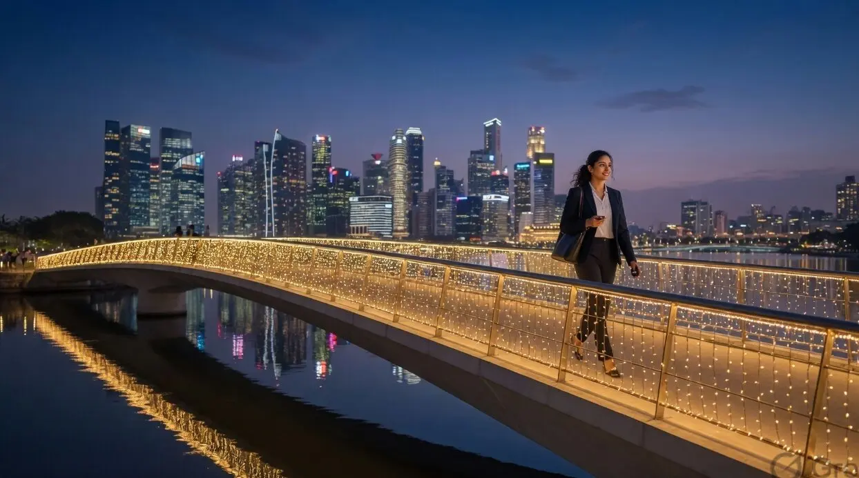 A professional walking a gold-lit bridge toward a city skyline at dusk