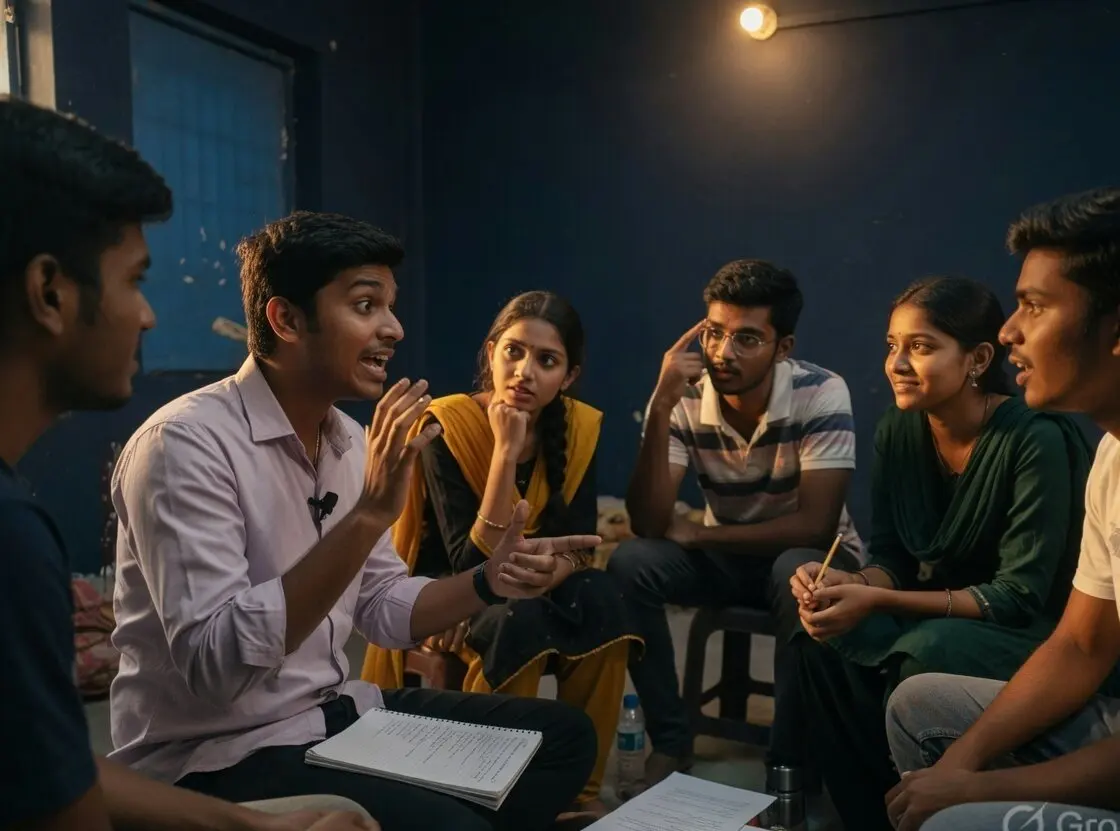 Young adults practising spoken English in a conversation circle